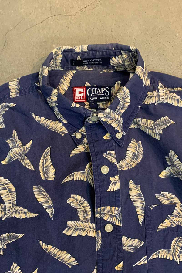 90'S S/S LEAF DESIGN B.D COTTON SHIRT / NAVY [SIZE: M USED]