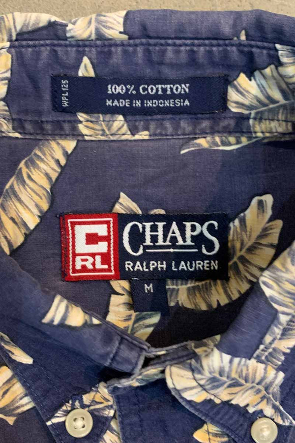 90'S S/S LEAF DESIGN B.D COTTON SHIRT / NAVY [SIZE: M USED]