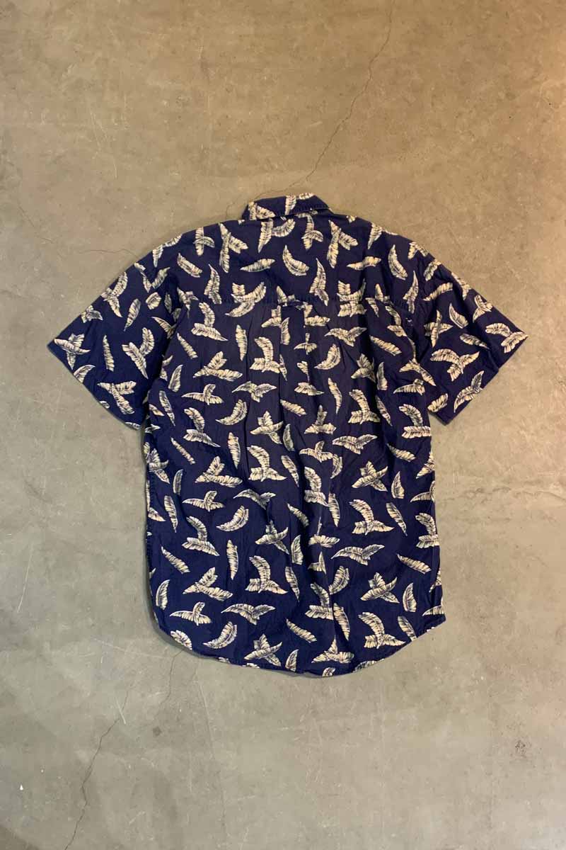 90'S S/S LEAF DESIGN B.D COTTON SHIRT / NAVY [SIZE: M USED]