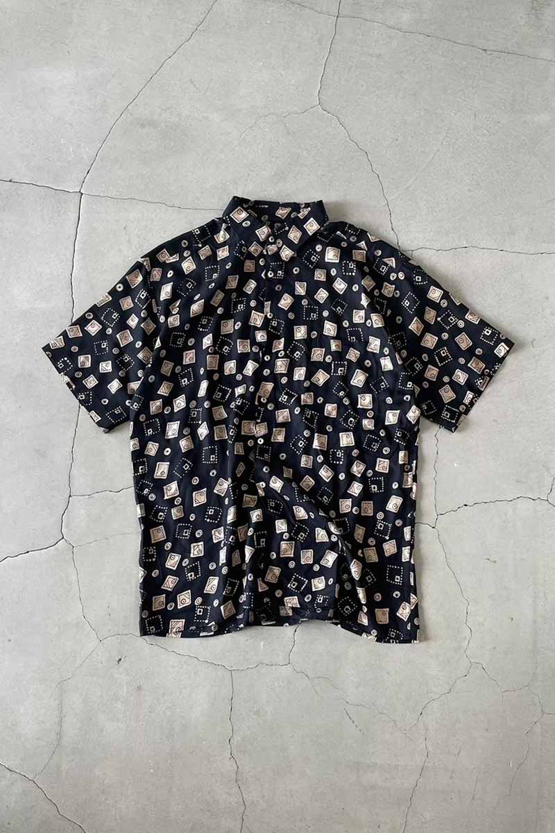 90'S S/S DESIGN SILK SHIRT / BLACK [SIZE: L USED]
