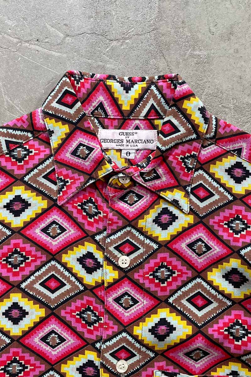 90'S S/S NATIVE PATTERN SHIRT / PINK [SIZE: M equivalent USED]