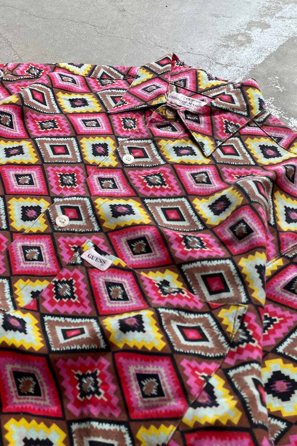 90'S S/S NATIVE PATTERN SHIRT / PINK [SIZE: M equivalent USED]