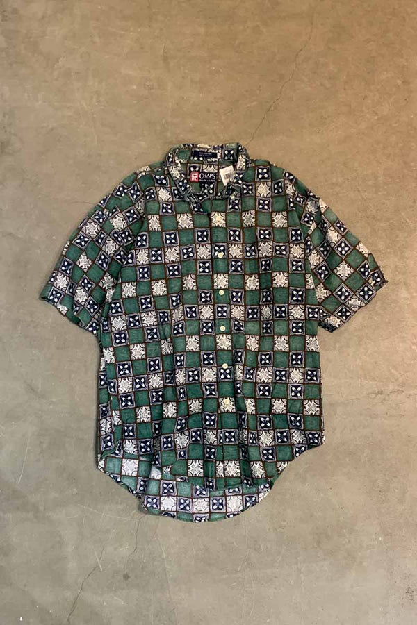 90'S S/S DESIGN B.D COTTON ART SHIRT / GREEN [SIZE: M USED]