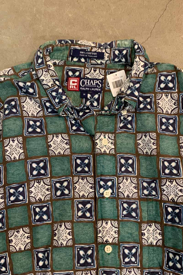 90'S S/S DESIGN B.D COTTON ART SHIRT / GREEN [SIZE: M USED]