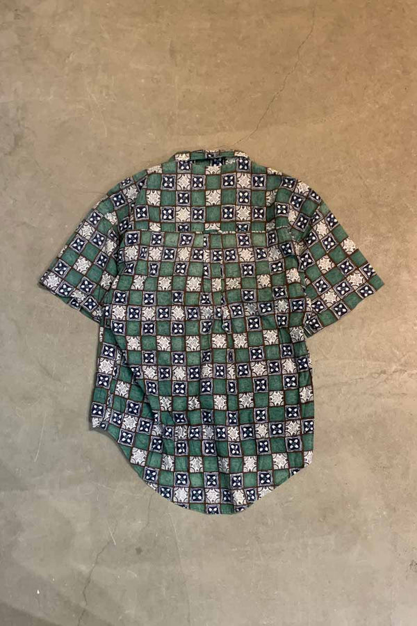 90'S S/S DESIGN B.D COTTON ART SHIRT / GREEN [SIZE: M USED]