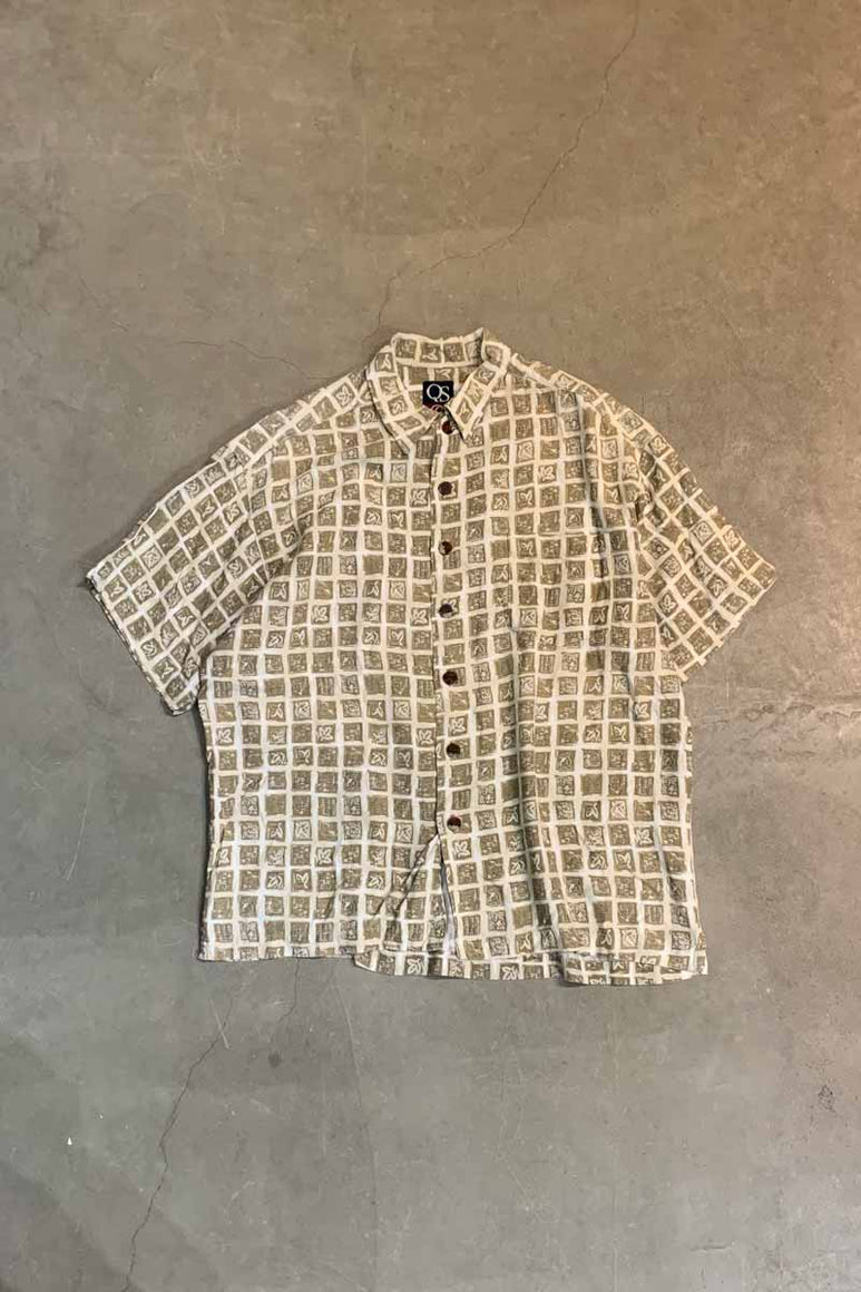 MADE IN USA 90'S S/S FLOWER DESIGN RAYON SHIRT / BEIGE [SIZE: L USED]