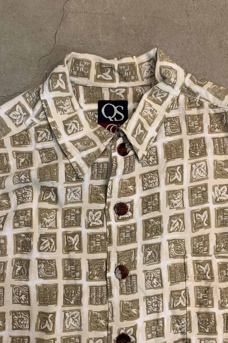 MADE IN USA 90'S S/S FLOWER DESIGN RAYON SHIRT / BEIGE [SIZE: L USED]