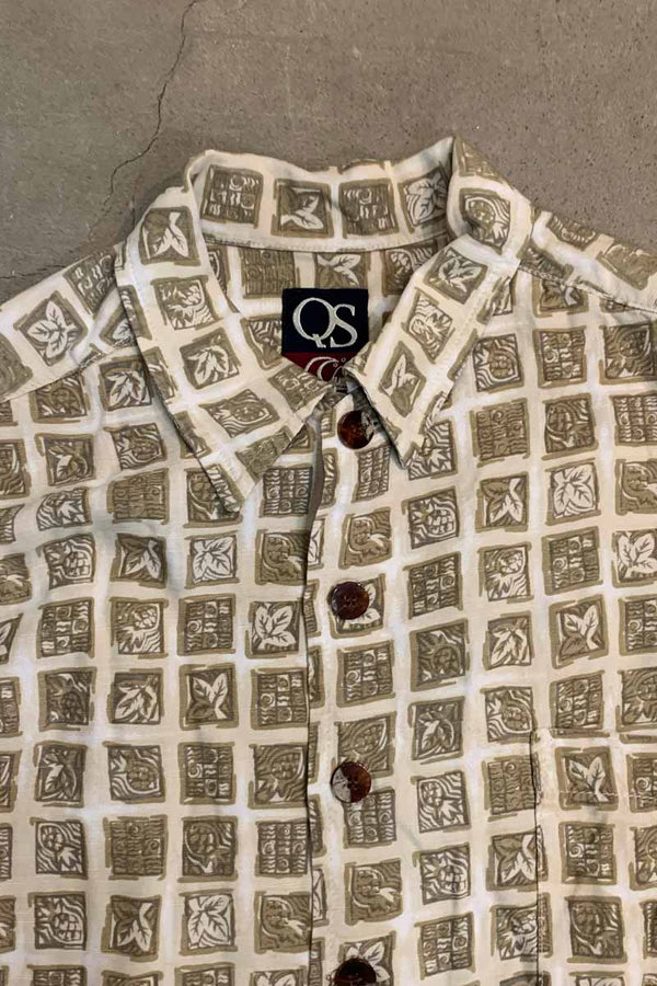MADE IN USA 90'S S/S FLOWER DESIGN RAYON SHIRT / BEIGE [SIZE: L USED]