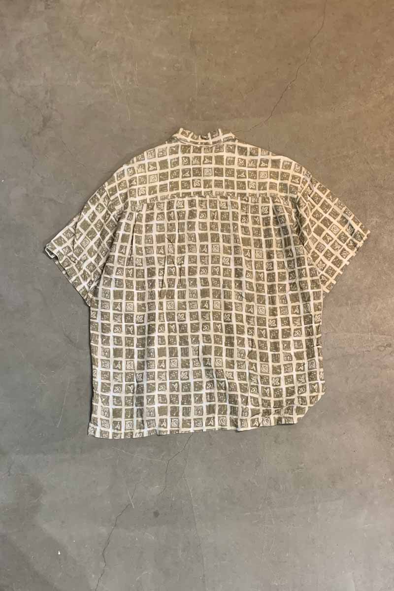 MADE IN USA 90'S S/S FLOWER DESIGN RAYON SHIRT / BEIGE [SIZE: L USED]