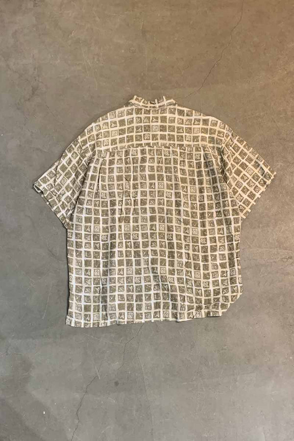 MADE IN USA 90'S S/S FLOWER DESIGN RAYON SHIRT / BEIGE [SIZE: L USED]