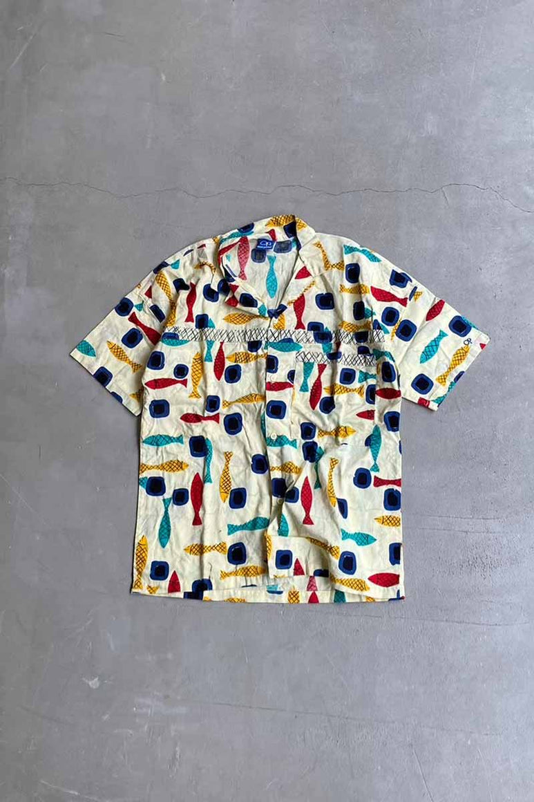 MADE IN USA 90'S S/S OPEN COLLAR FISH DESIGN SHIRT / YELLOW [SIZE: L USED]