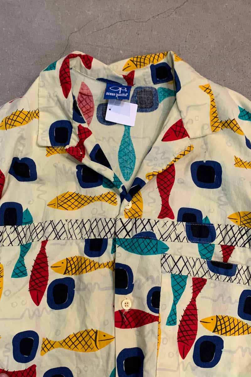 MADE IN USA 90'S S/S OPEN COLLAR FISH DESIGN SHIRT / YELLOW [SIZE: L USED]