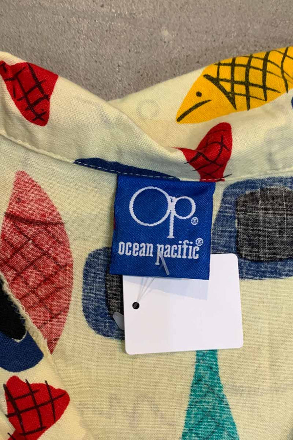 MADE IN USA 90'S S/S OPEN COLLAR FISH DESIGN SHIRT / YELLOW [SIZE: L USED]