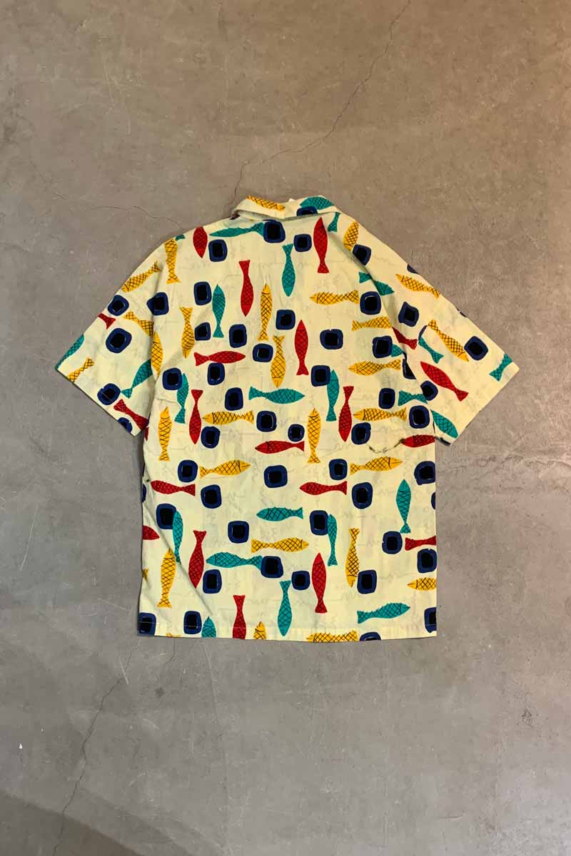 MADE IN USA 90'S S/S OPEN COLLAR FISH DESIGN SHIRT / YELLOW [SIZE: L USED]