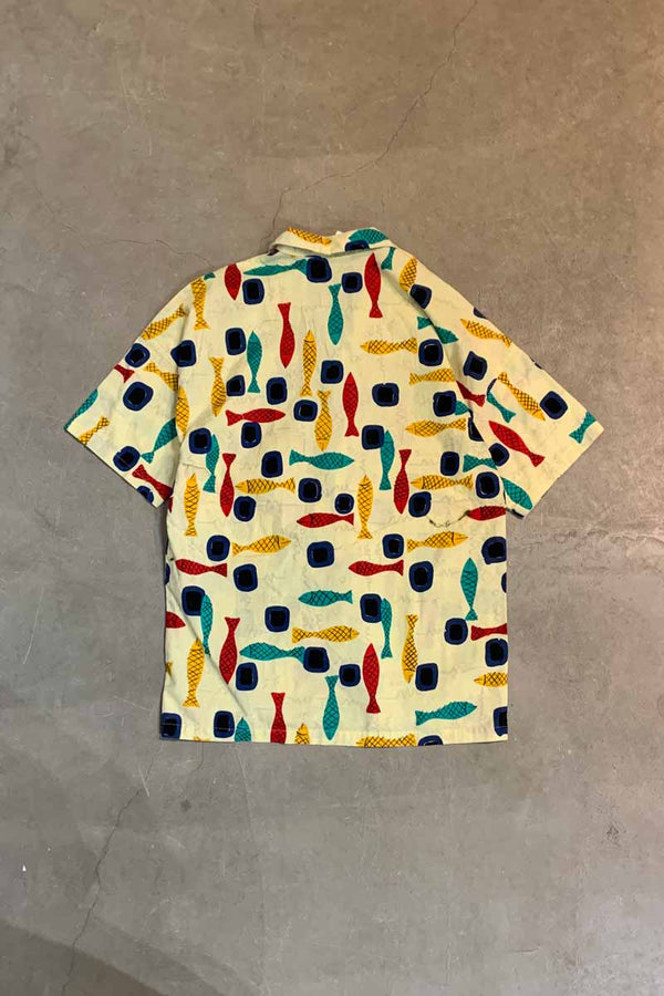 MADE IN USA 90'S S/S OPEN COLLAR FISH DESIGN SHIRT / YELLOW [SIZE: L USED]