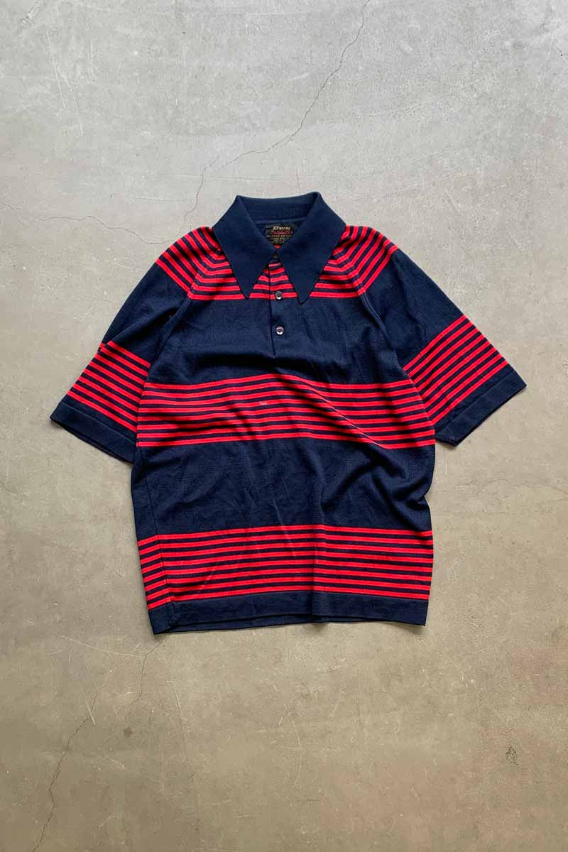 70'S S/S DESIGN BORDER KNIT POLO SHIRT / NAVY [SIZE: L USED]