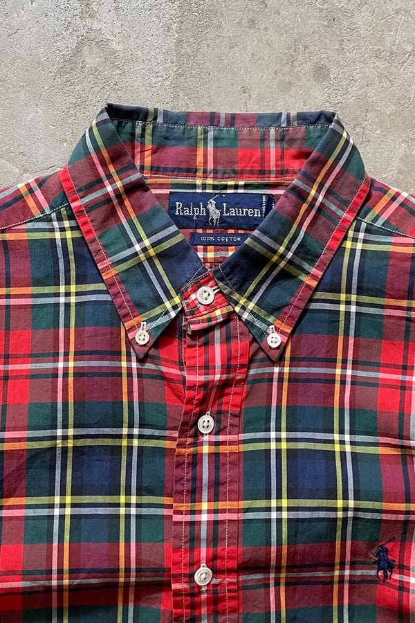 90'S S/S B.D COTTON SHIRT / RED [SIZE: L USED]