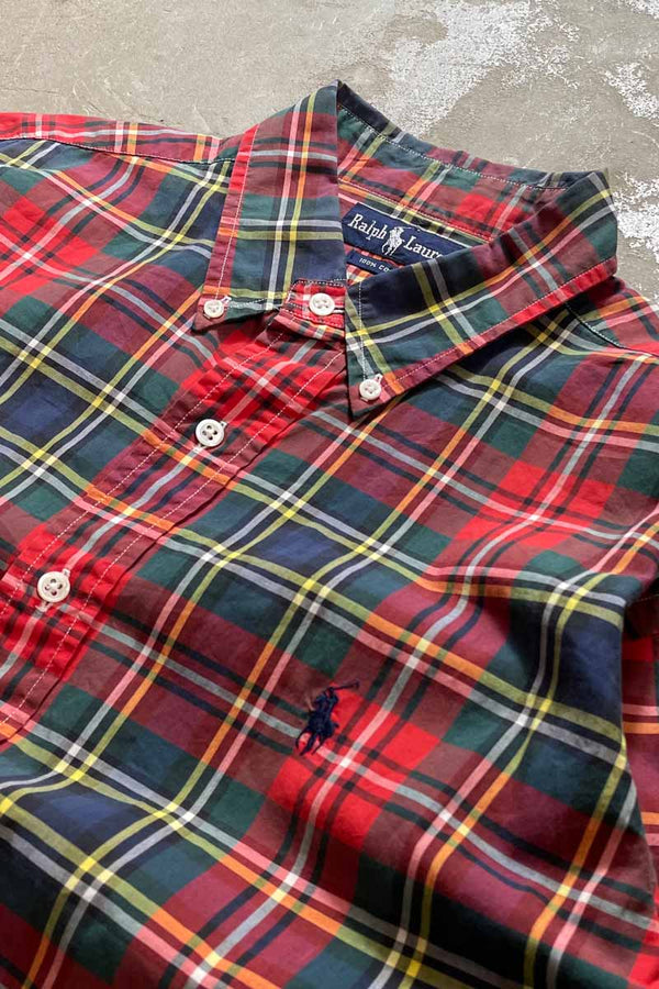 90'S S/S B.D COTTON SHIRT / RED [SIZE: L USED]