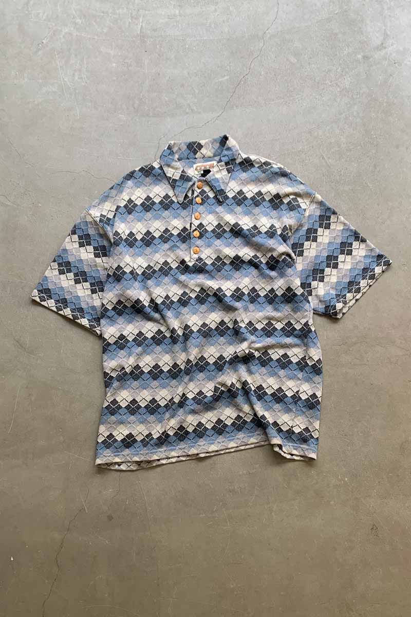 90'S S/S DESIGN COTTON KNIT POLO SHIRT / BLUE [SIZE: L USED]
