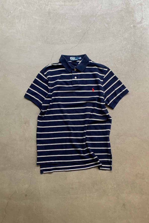 90'S S/S ONE POINT BORDER COTTON POLO SHIRT / NAVY [SIZE: L USED]