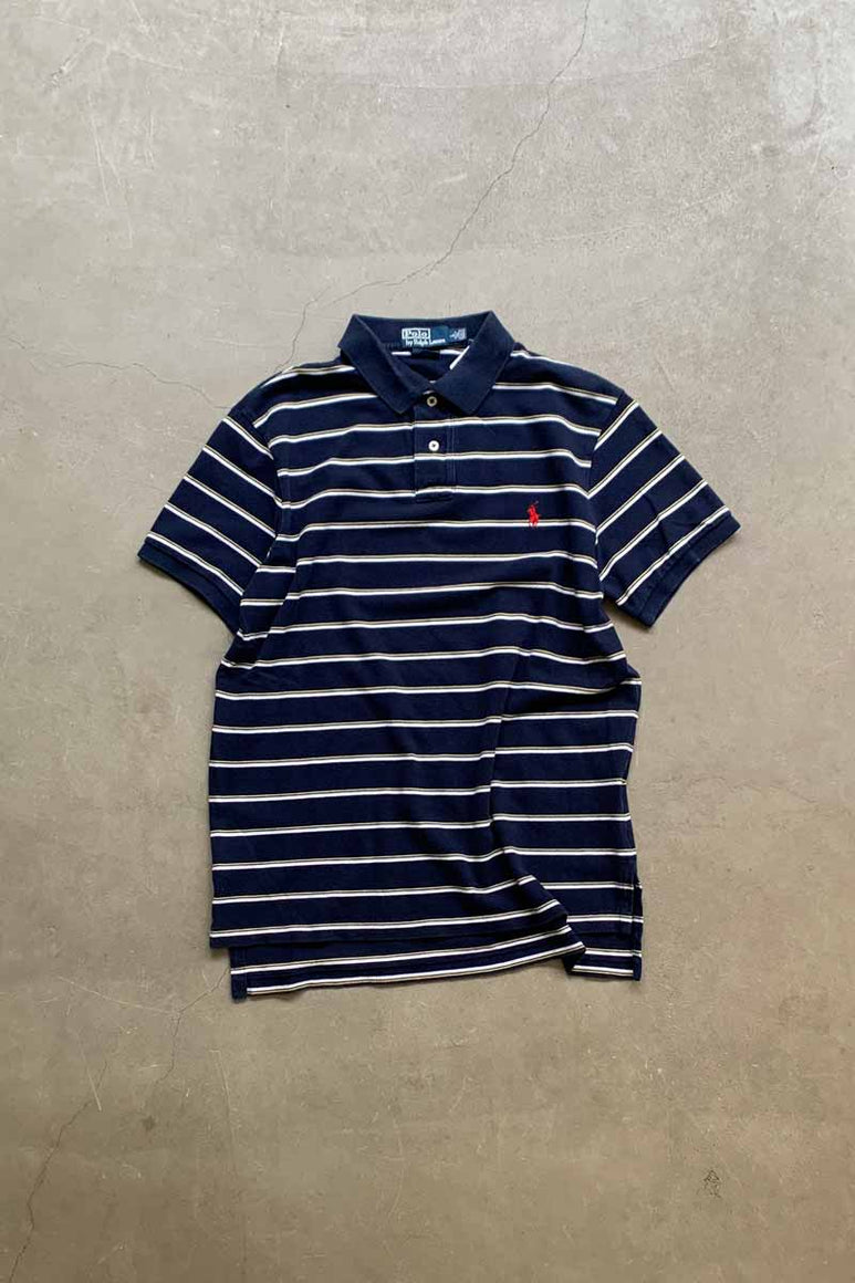 90'S S/S ONE POINT BORDER COTTON POLO SHIRT / NAVY [SIZE: L USED]
