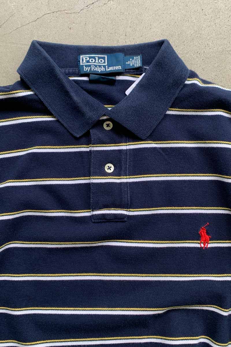 90'S S/S ONE POINT BORDER COTTON POLO SHIRT / NAVY [SIZE: L USED]