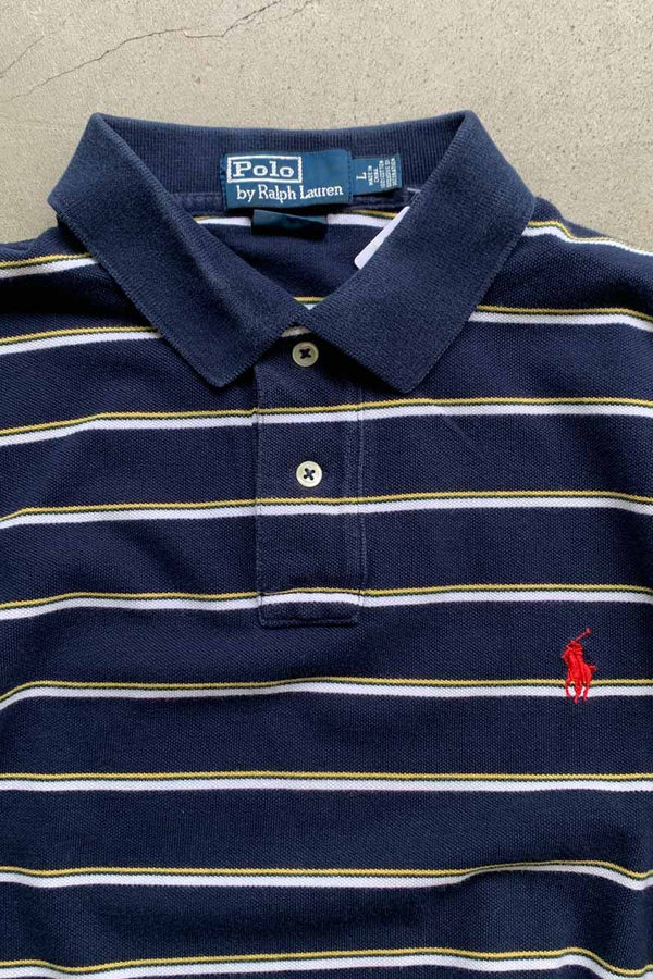 90'S S/S ONE POINT BORDER COTTON POLO SHIRT / NAVY [SIZE: L USED]