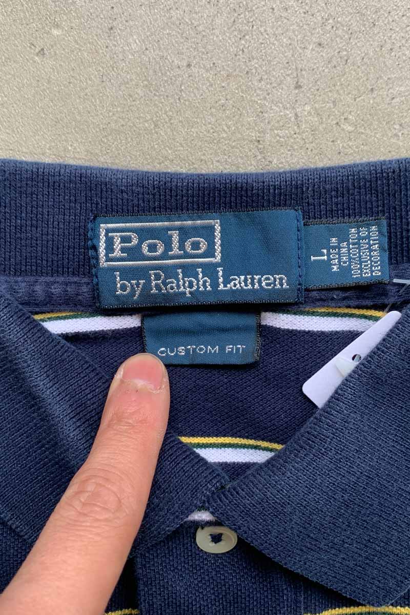 90'S S/S ONE POINT BORDER COTTON POLO SHIRT / NAVY [SIZE: L USED]