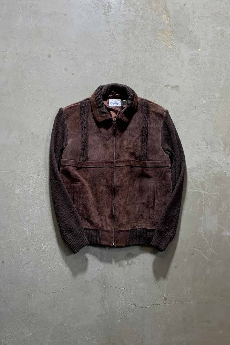 80'S SUEDE LEATHER ACRYLIC KNIT JACKET / BROWN [SIZE: XL USED]