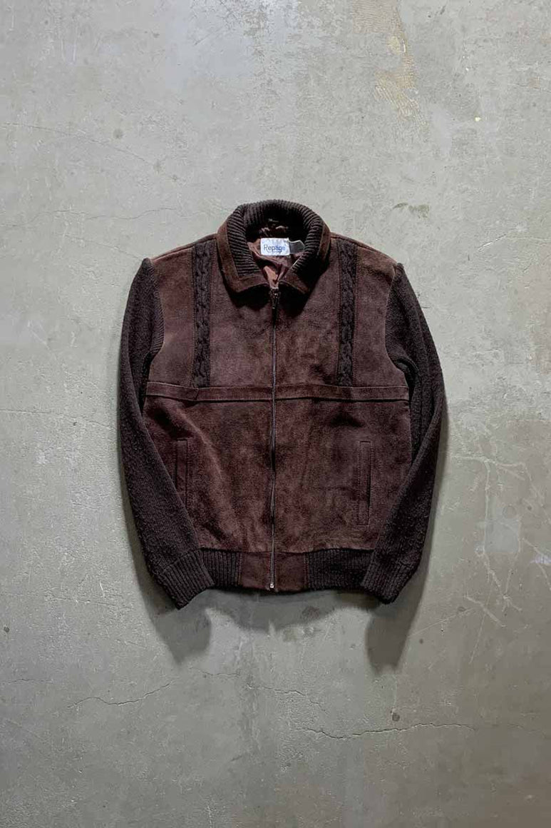 80'S SUEDE LEATHER ACRYLIC KNIT JACKET / BROWN [SIZE: XL USED]