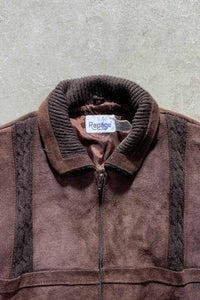 80'S SUEDE LEATHER ACRYLIC KNIT JACKET / BROWN [SIZE: XL USED]