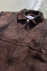 80'S SUEDE LEATHER ACRYLIC KNIT JACKET / BROWN [SIZE: XL USED]