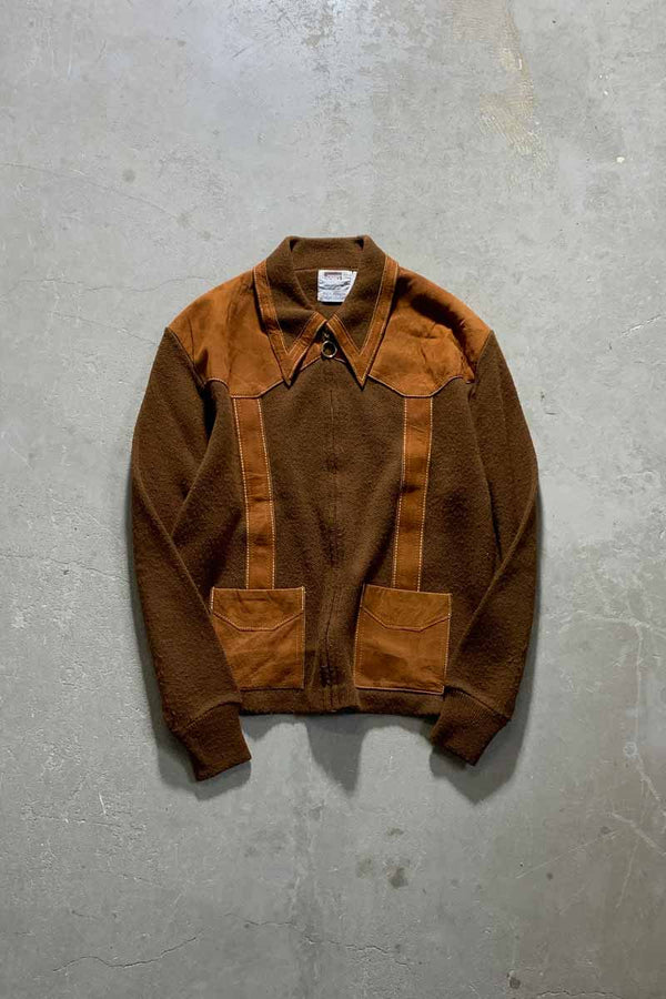 70'S SUEDE LEATHER ACRYLIC KNIT JACKET / BROWN [SIZE: XL USED]