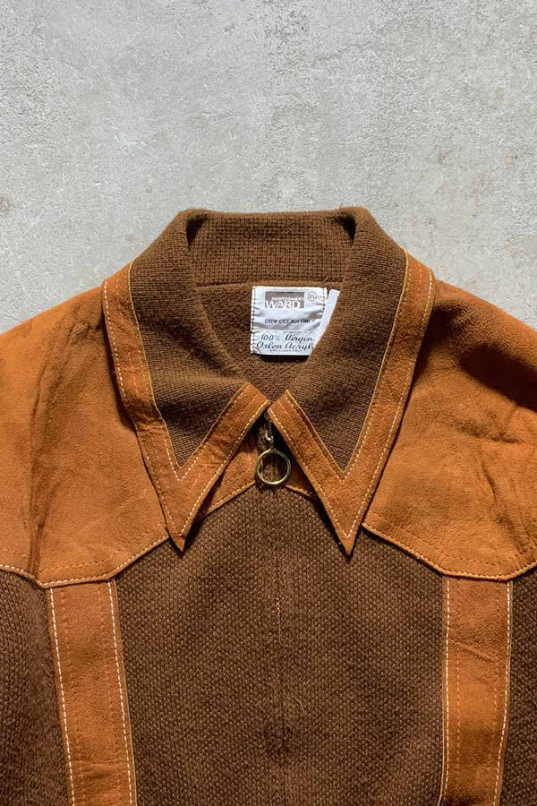 70'S SUEDE LEATHER ACRYLIC KNIT JACKET / BROWN [SIZE: XL USED]
