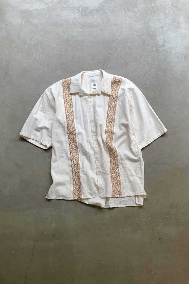 90'S S/S OPEN COLLAR EMBROIDERY DESIGN LINEN SHIRT / IVORY [SIZE: XL USED]