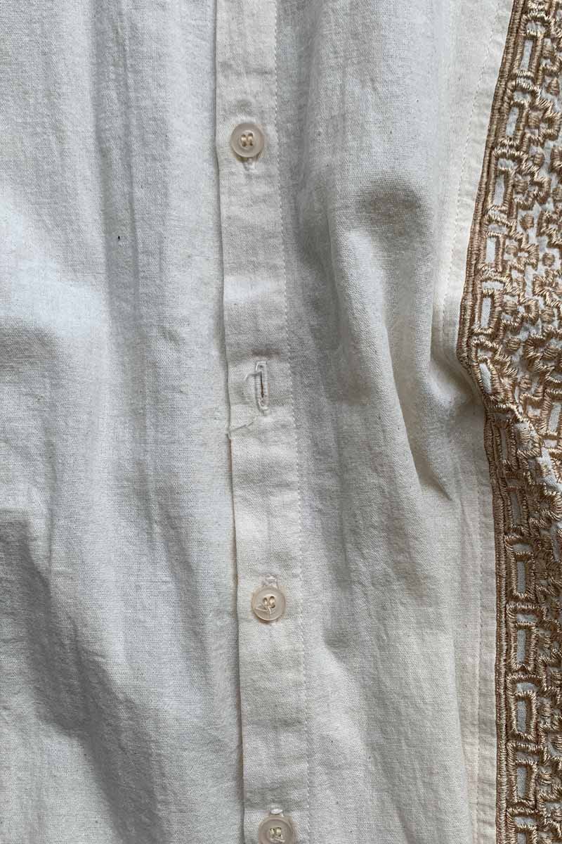 90'S S/S OPEN COLLAR EMBROIDERY DESIGN LINEN SHIRT / IVORY [SIZE: XL USED]