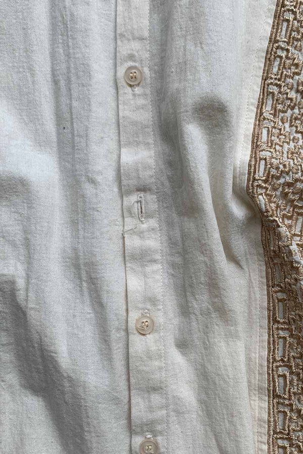 90'S S/S OPEN COLLAR EMBROIDERY DESIGN LINEN SHIRT / IVORY [SIZE: XL USED]
