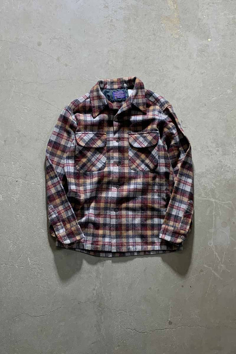 MADE IN USA 70'S L/S OPEN COLLAR WOOL CHECK SHIRT/ MULTI [SIZE: S USED]
