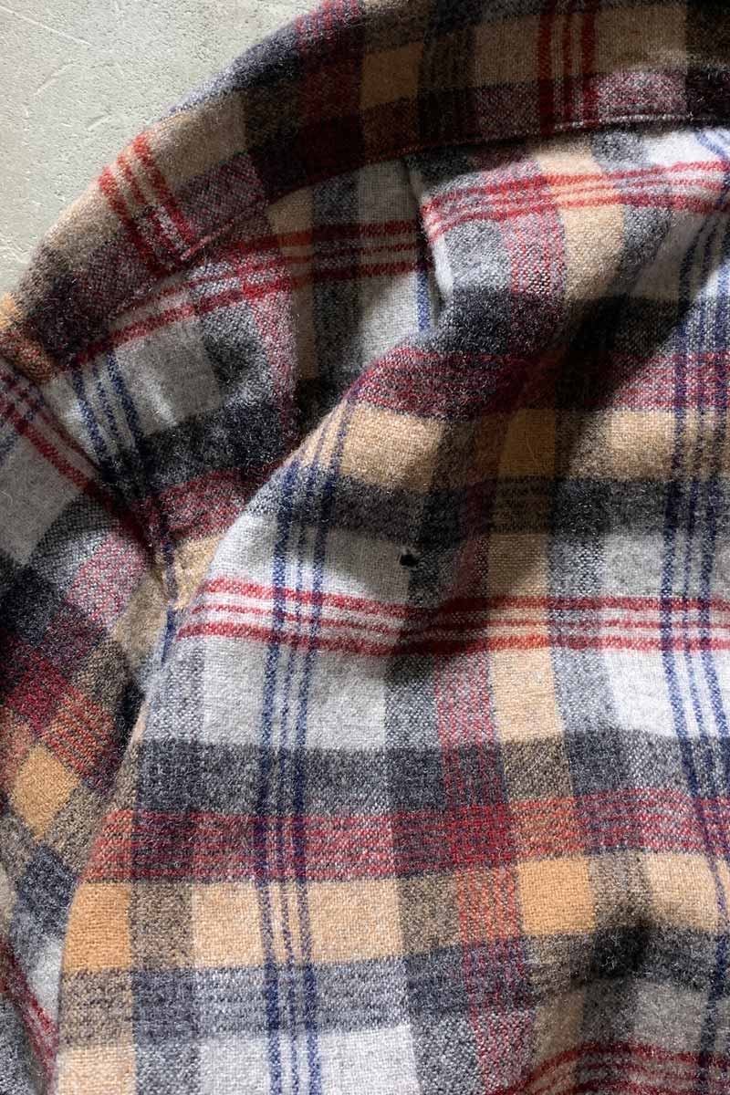 MADE IN USA 70'S L/S OPEN COLLAR WOOL CHECK SHIRT/ MULTI [SIZE: S USED]