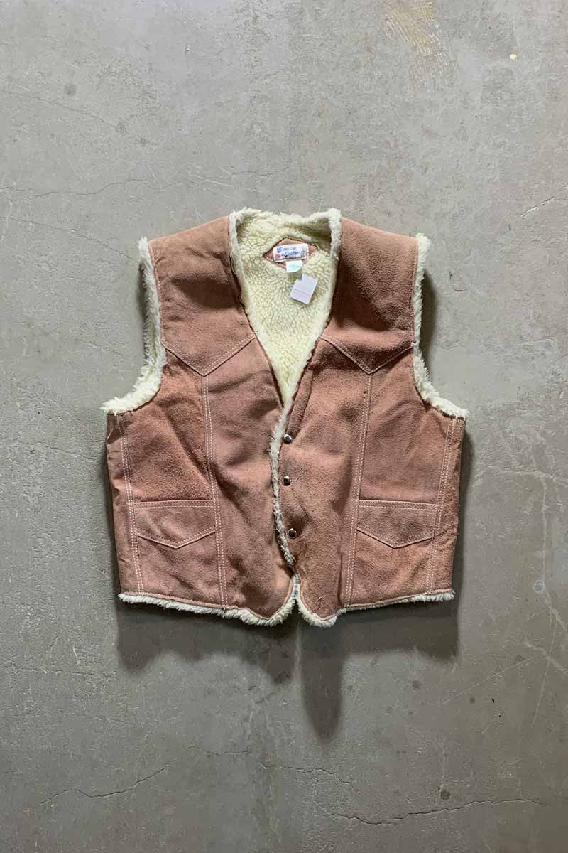 MADE IN MEXICO 90s BUTTON SUEDE VEST W/FUR LINER / PINK BEIGE [SIZE: M USED]