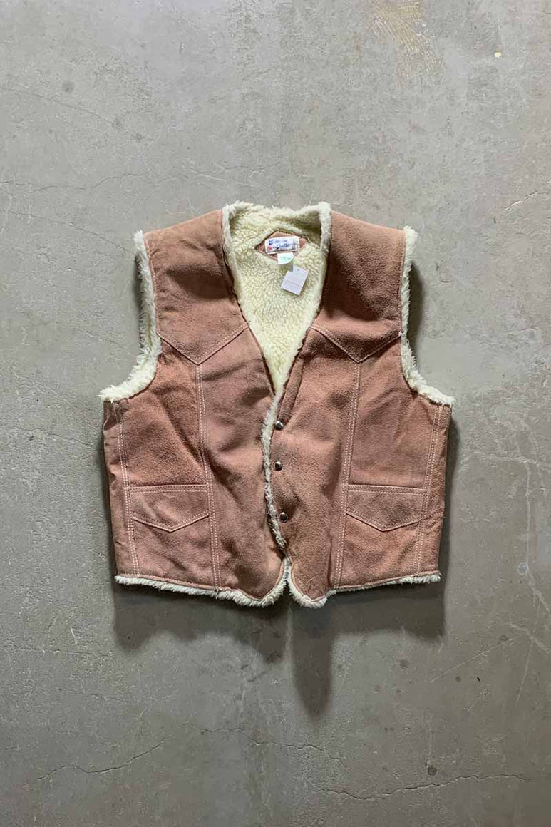 MADE IN MEXICO 90'S BUTTON SUEDE VEST W/FAR LINER / PINK BEIGE [SIZE: M USED]