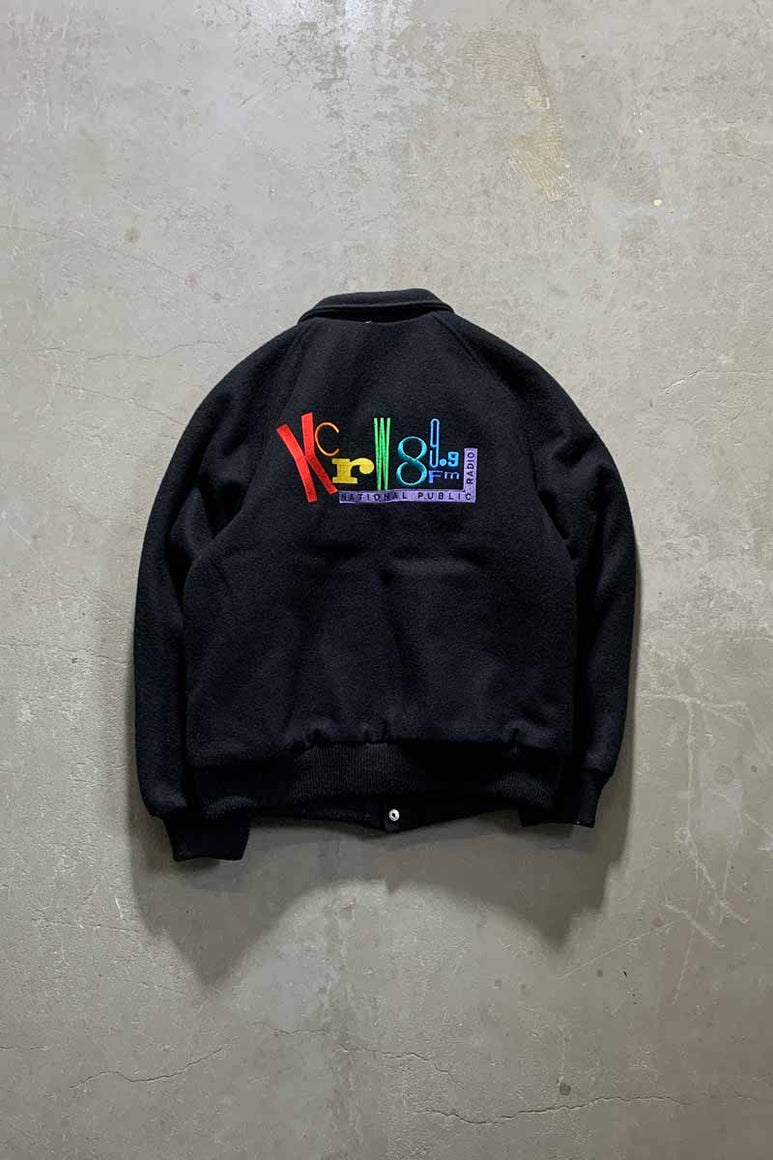 MADE IN USA 90'S 89.9FM BACK EMBROIDERY WOOL STADIUM JACKET W/QUILTING LINER / BLACK [SIZE: L USED]