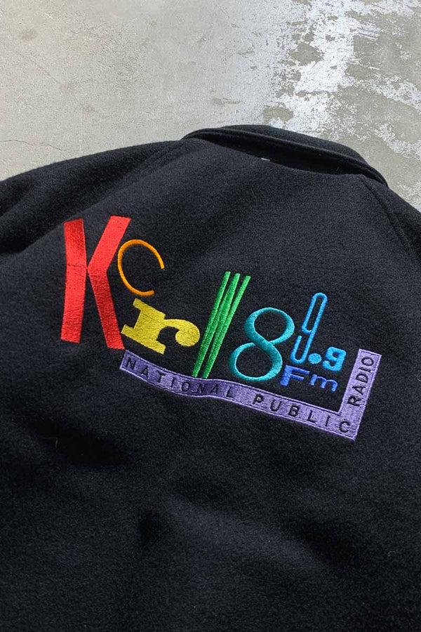 MADE IN USA 90'S 89.9FM BACK EMBROIDERY WOOL STADIUM JACKET W/QUILTING LINER / BLACK [SIZE: L USED]
