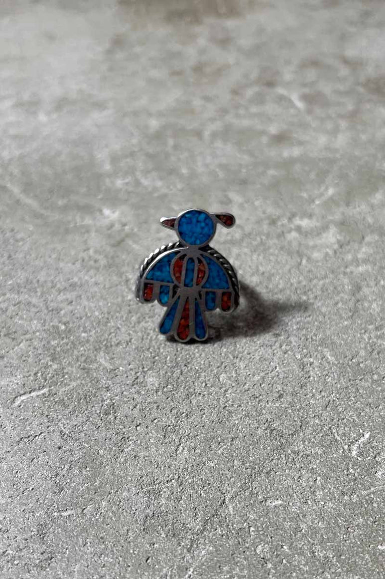 TIP INLAY SILVER RING W/TURQUOIS + RED CORAL [SIZE: 16号 USED]