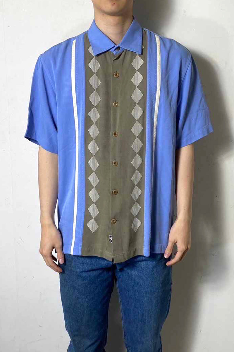 S/S TWO TONE DESIGN SILK SHIRT / BLUE [SIZE: L USED]