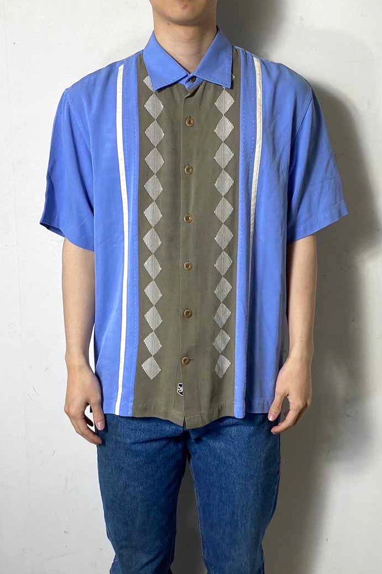 S/S TWO TONE DESIGN SILK SHIRT / BLUE [SIZE: L USED]