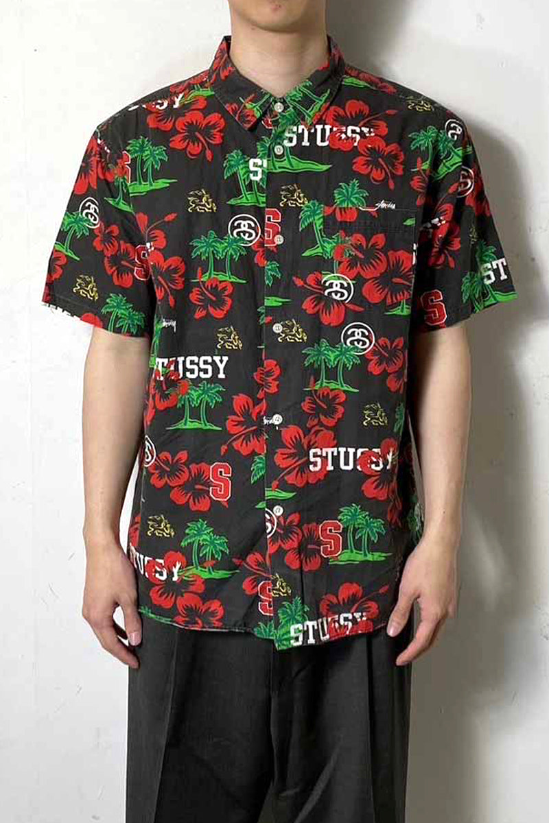 90'S S/S COTTON HAWAIIAN SHIRT / BLACK [SIZE: L USED]