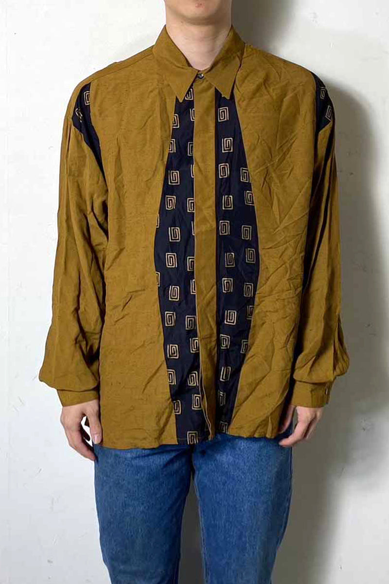 MADE IN USA 90'S L/S DESIGN RAYON SHIRT / BROWN [SIZE: L USED]