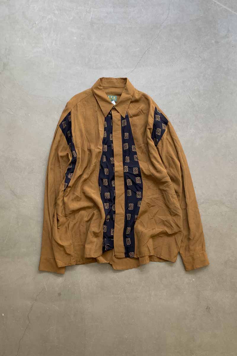 MADE IN USA 90'S L/S DESIGN RAYON SHIRT / BROWN [SIZE: L USED]