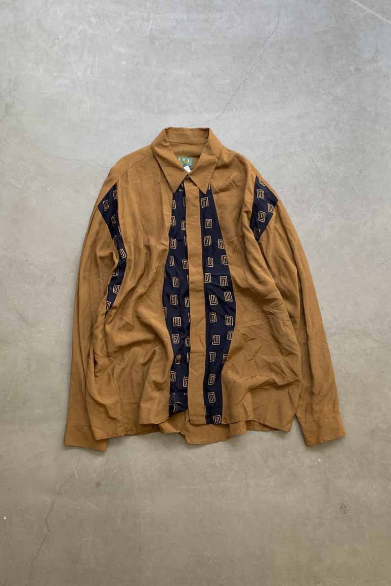 MADE IN USA 90'S L/S DESIGN RAYON SHIRT / BROWN [SIZE: L USED]